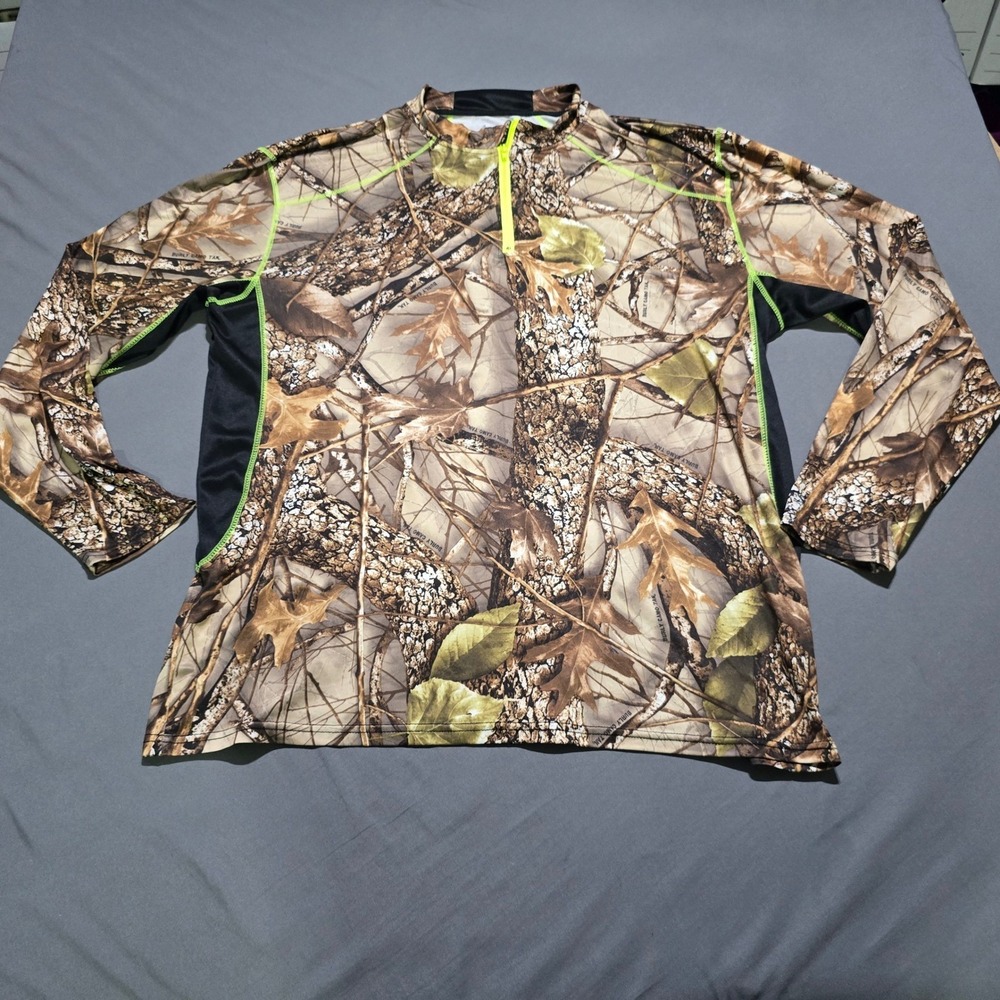 World Famous Sports Pullover top Mens 2XL Camo 1/4 Zip Burly Camo Tan Lime Green
